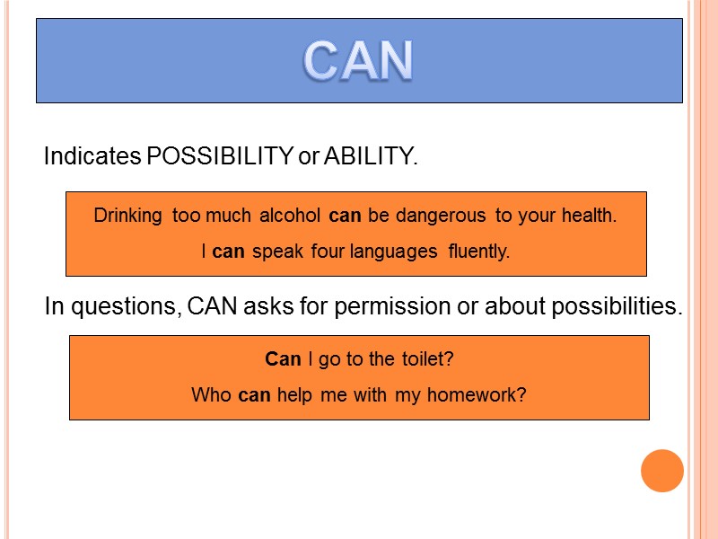 CAN Indicates POSSIBILITY or ABILITY. In questions, CAN asks for permission or about possibilities.